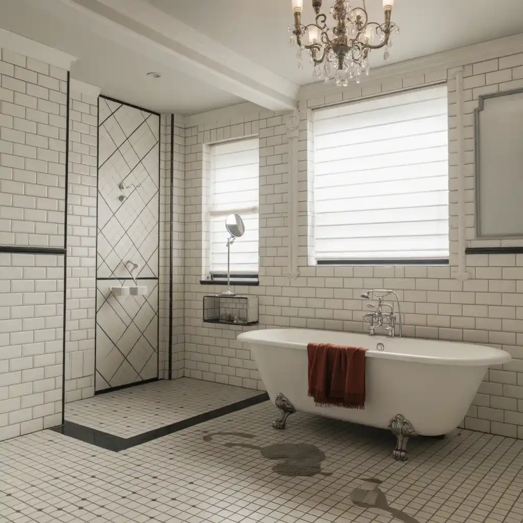 Art Deco freestanding tub geometric shower tiles vintage glamour