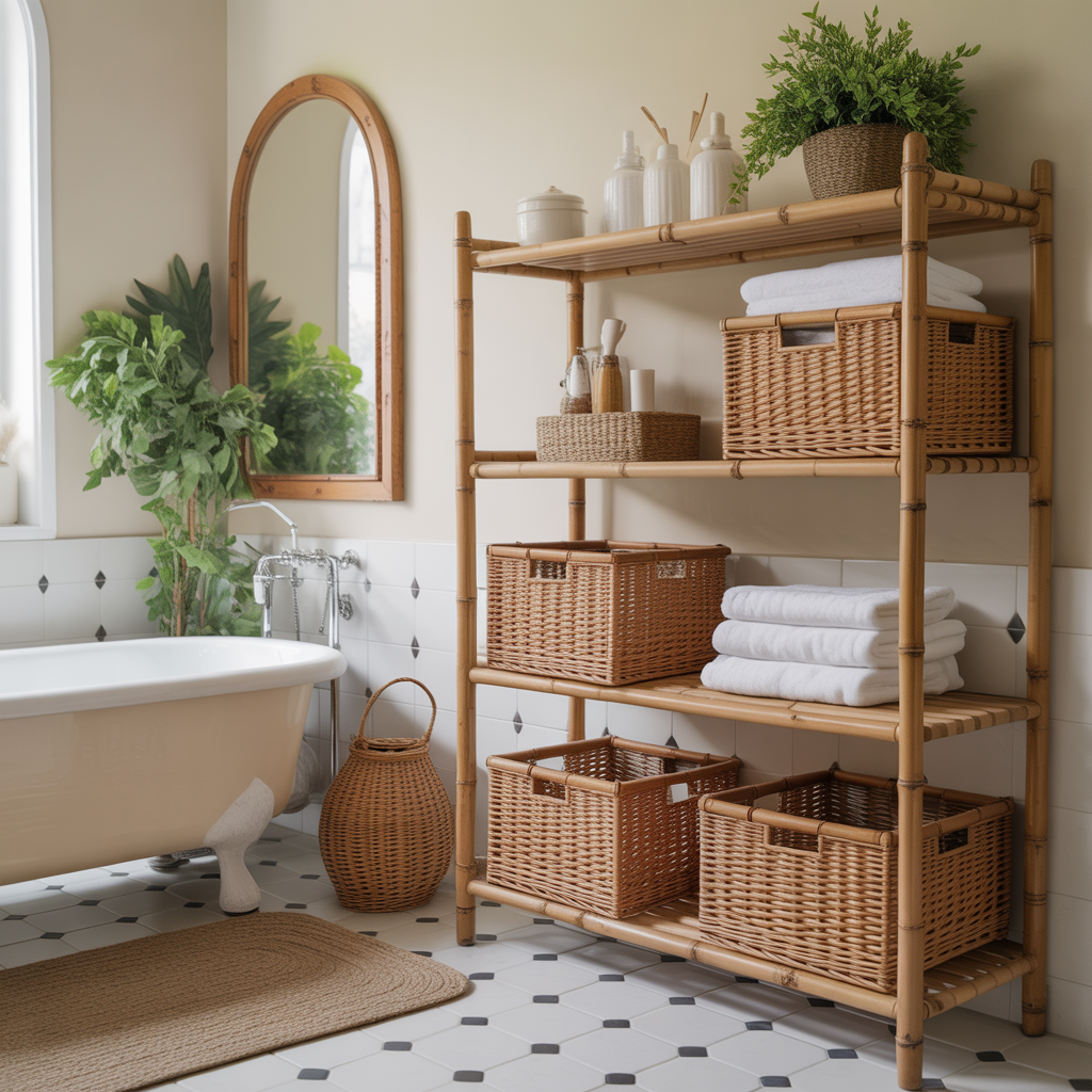 Bamboo storage baskets bathroom shelving
