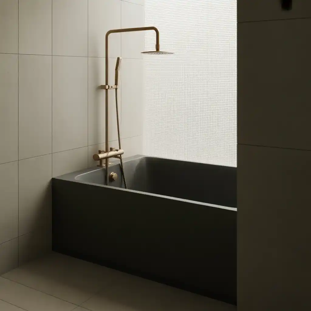 Black garden tub brass shower modern contrast bathroom design