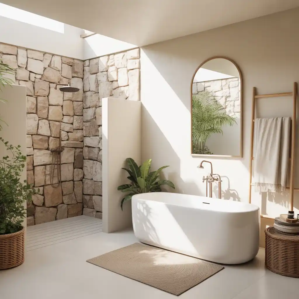 Bohemian freestanding tub natural stone shower wall plants