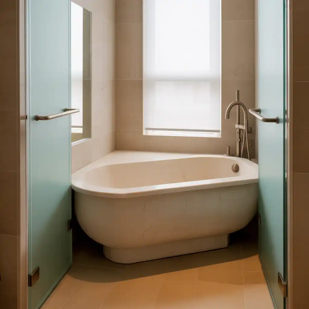 Compact corner freestanding tub space-saving shower design