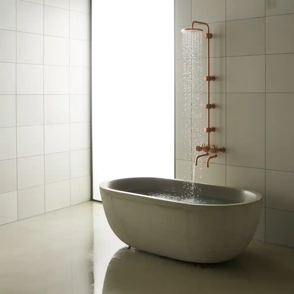 Concrete garden tub rain chain shower modern minimalist bathroom
