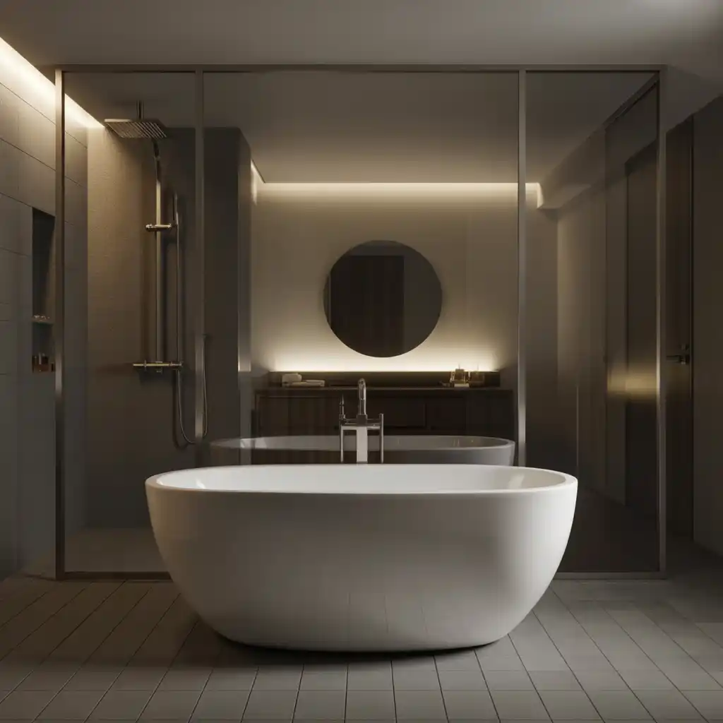 Contemporary oval freestanding tub sleek linear shower design