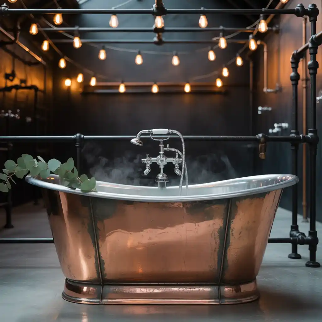 Copper garden tub industrial shower black metal bathroom