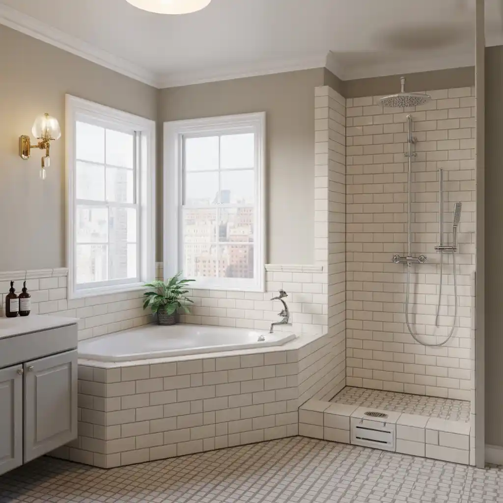 Corner garden tub rainfall shower tile bathroom
