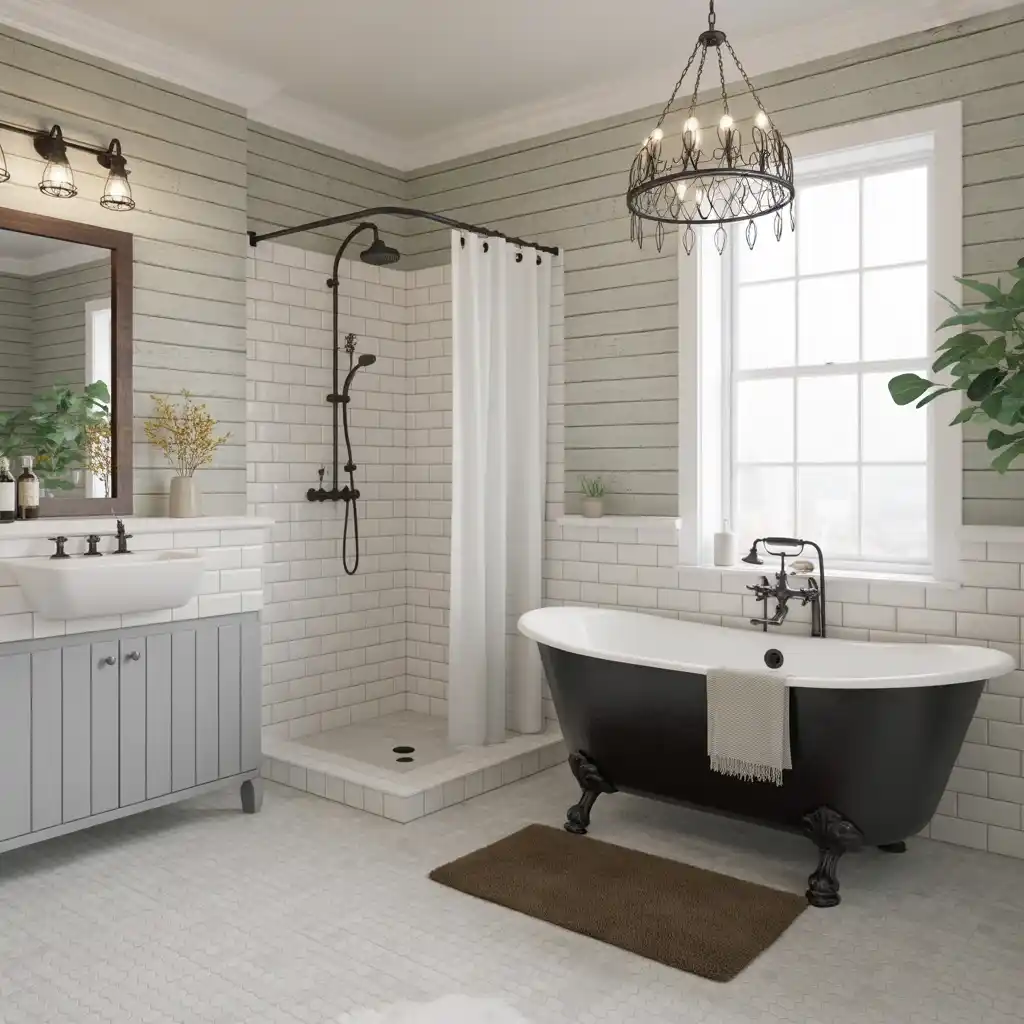 Farmhouse cast iron freestanding tub shiplap shower wall rustic