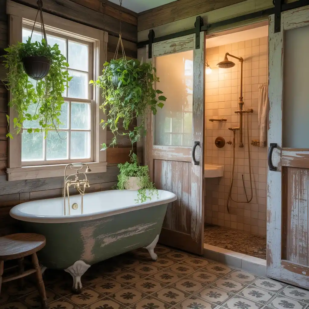 Farmhouse garden tub barn door shower rustic bathroom