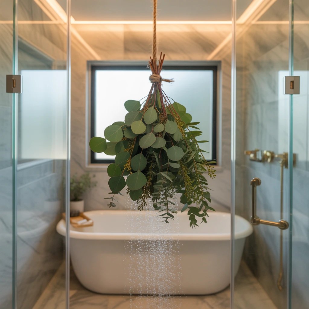 Fresh eucalyptus bundle hanging shower aromatherapy