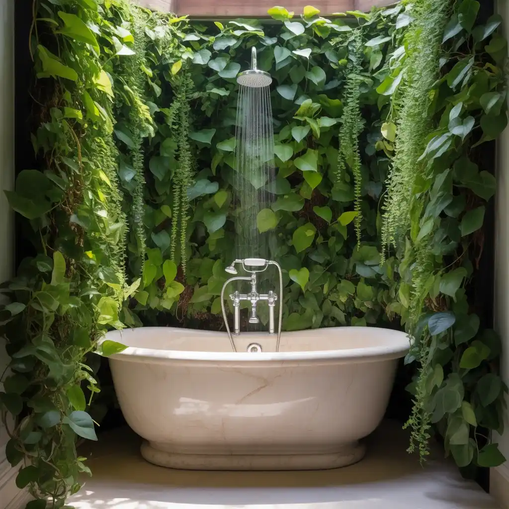 Garden tub shower combo living wall plants bathroom oasis