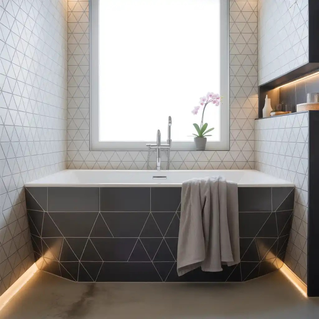 Geometric tile garden tub linear drain modern bathroom design