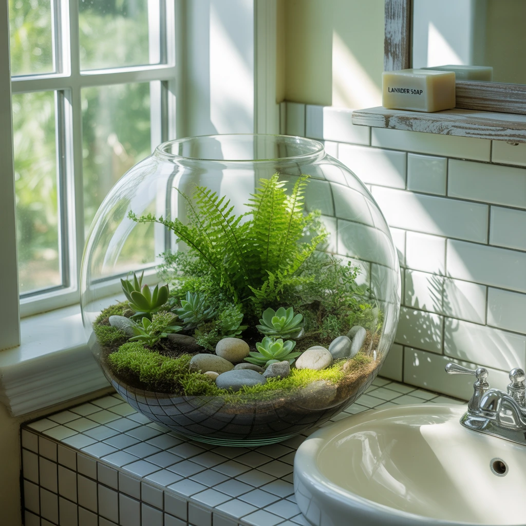 Glass terrarium garden bathroom windowsill