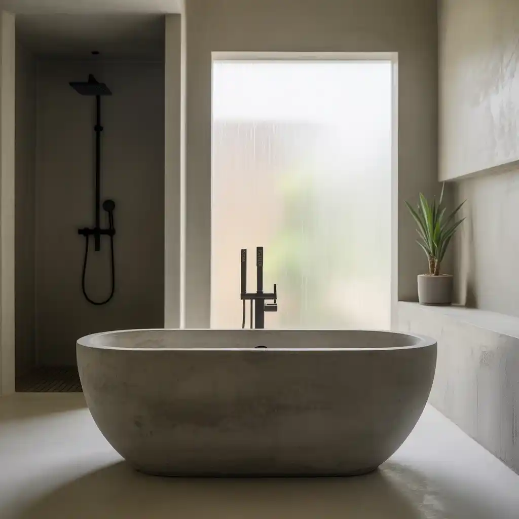 Industrial concrete freestanding tub exposed black shower fixtures