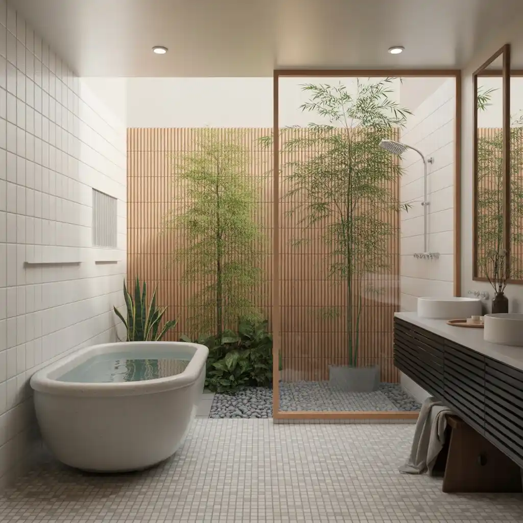 Japanese soaking tub zen garden shower bamboo elements