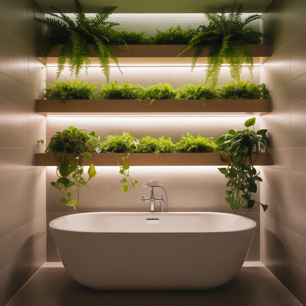Live plants floating wooden shelves bathroom