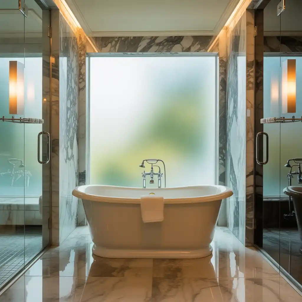 Luxury hotel freestanding tub marble shower surround elegant