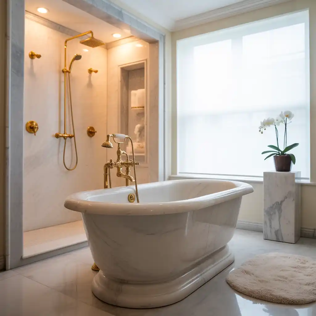 Marble freestanding tub gold shower fixtures luxury bathroom