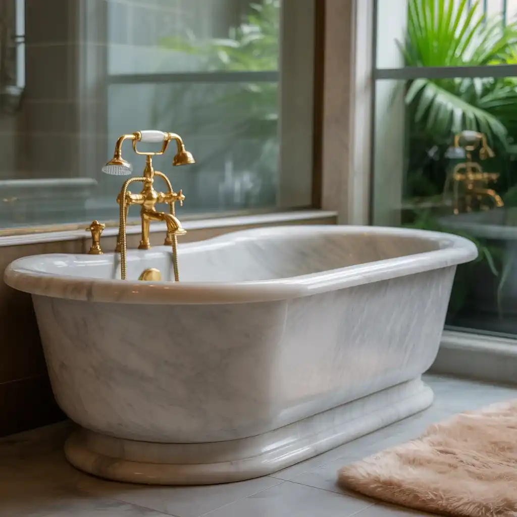 Marble garden tub gold shower fixtures luxury elegant bathroom