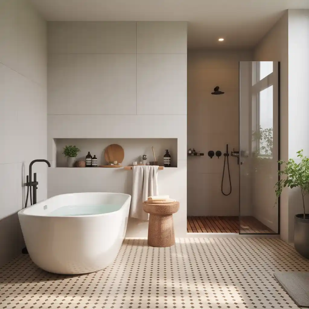 Minimalist white freestanding tub walk-in shower combo