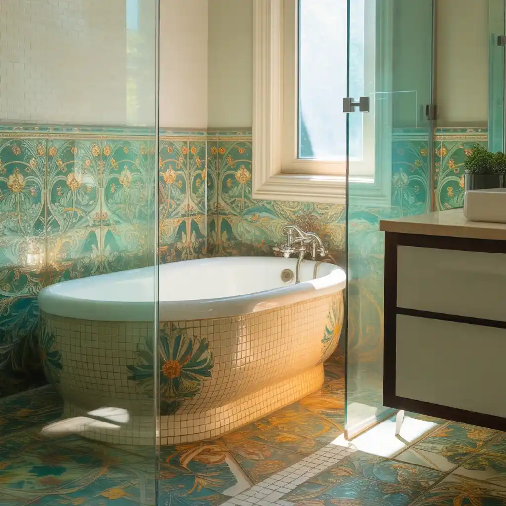 Mosaic tile garden tub frameless shower doors colorful bathroom