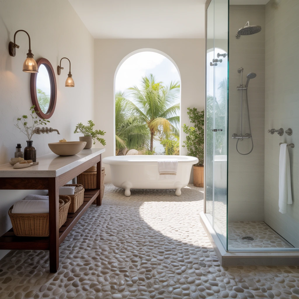 Natural pebble stone shower floor bathroom