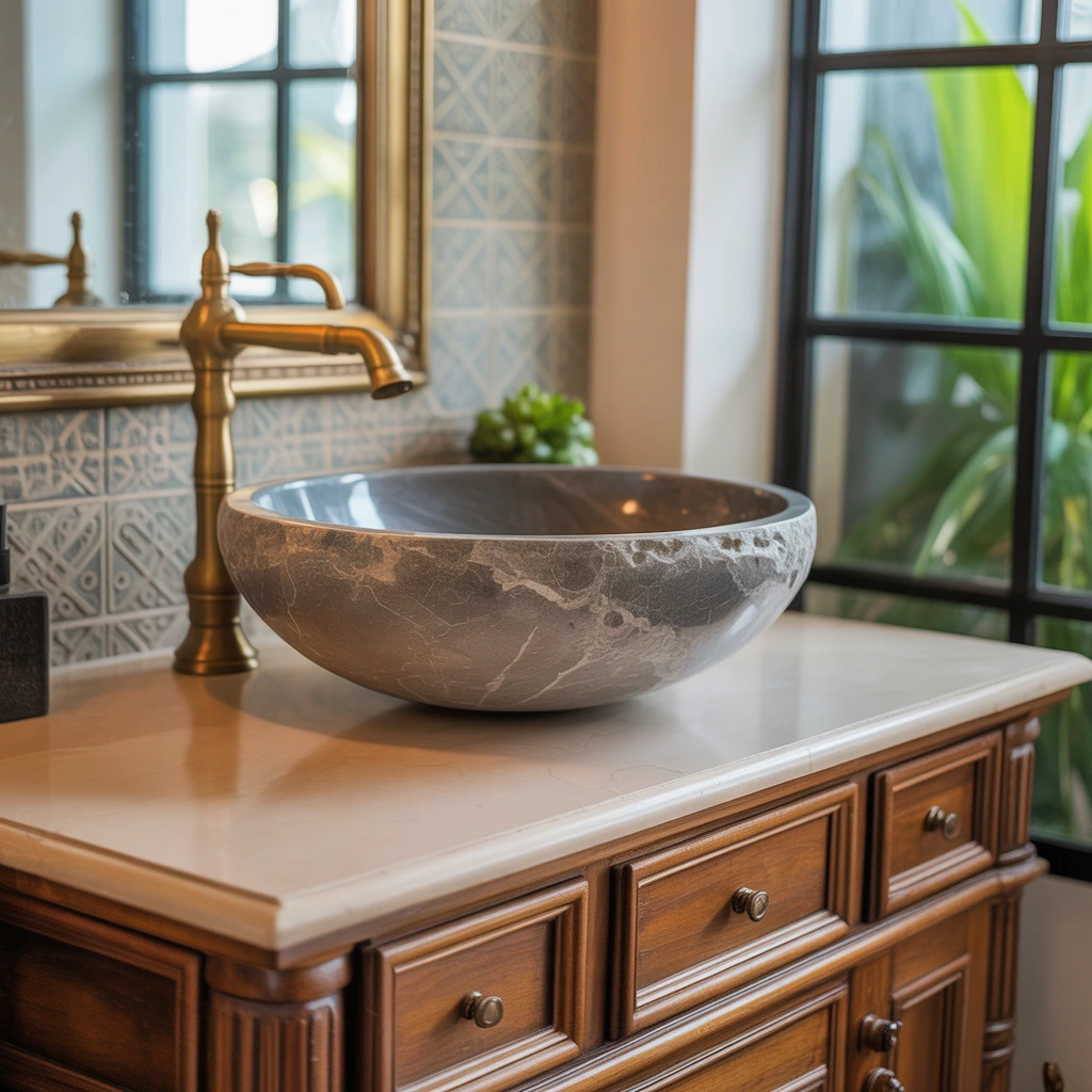 Natural stone vessel sink wooden vanity