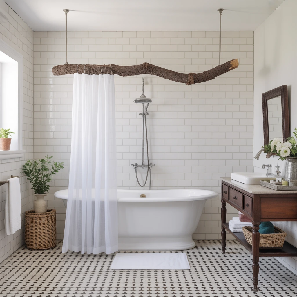 Natural tree branch shower curtain rod