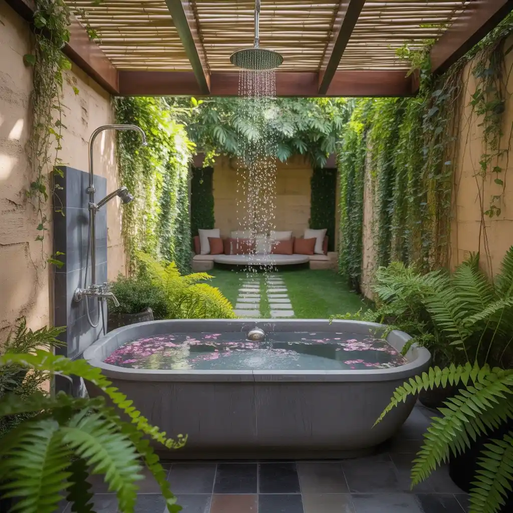 Outdoor indoor garden tub open shower patio bathroom nature
