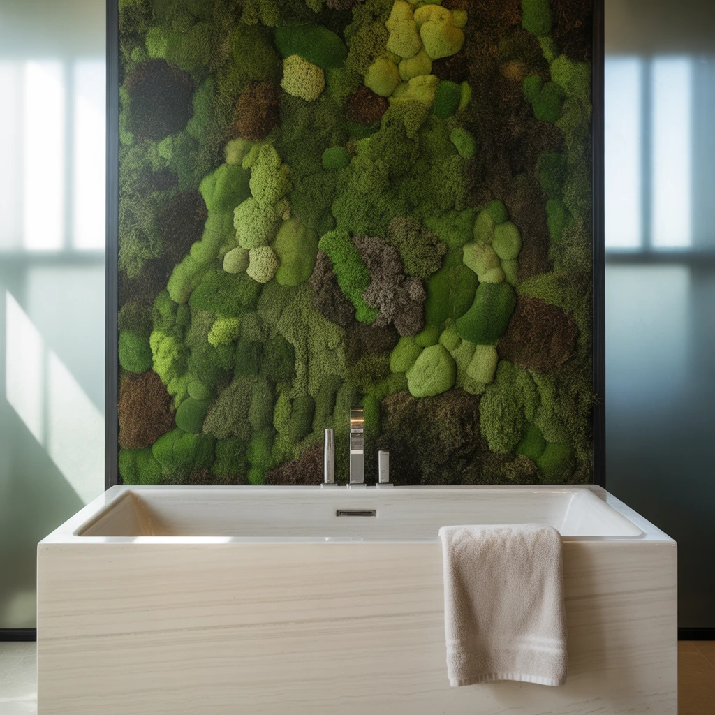 Preserved moss wall art bathroom installation