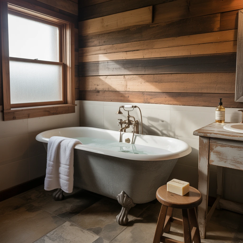 Reclaimed wood plank ceiling rustic bathroom