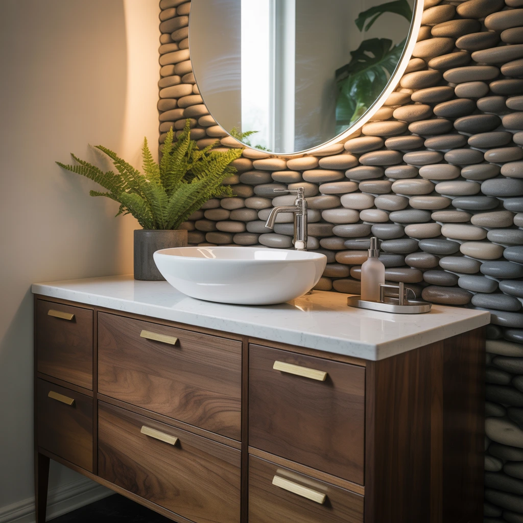 River stone accent wall bathroom vanity