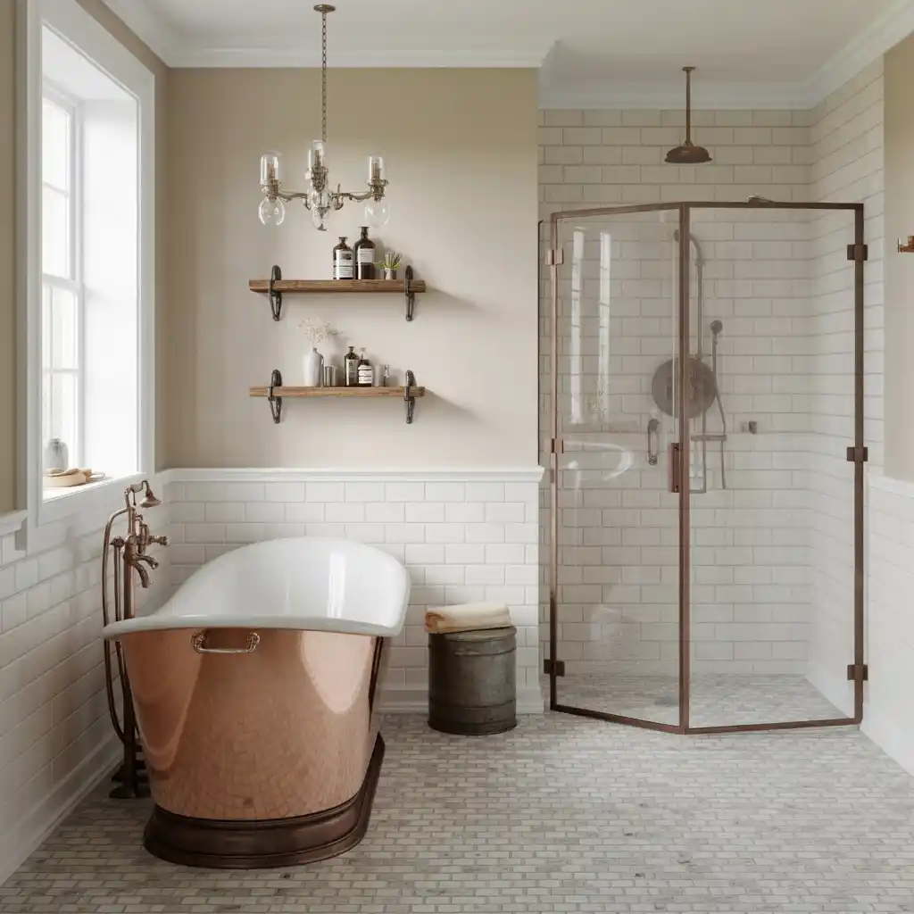 Rustic copper freestanding tub vintage shower fixtures farmhouse