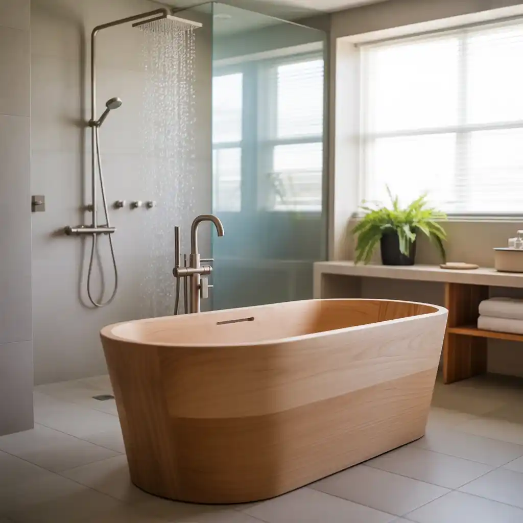 Scandinavian wooden freestanding tub rainfall shower system