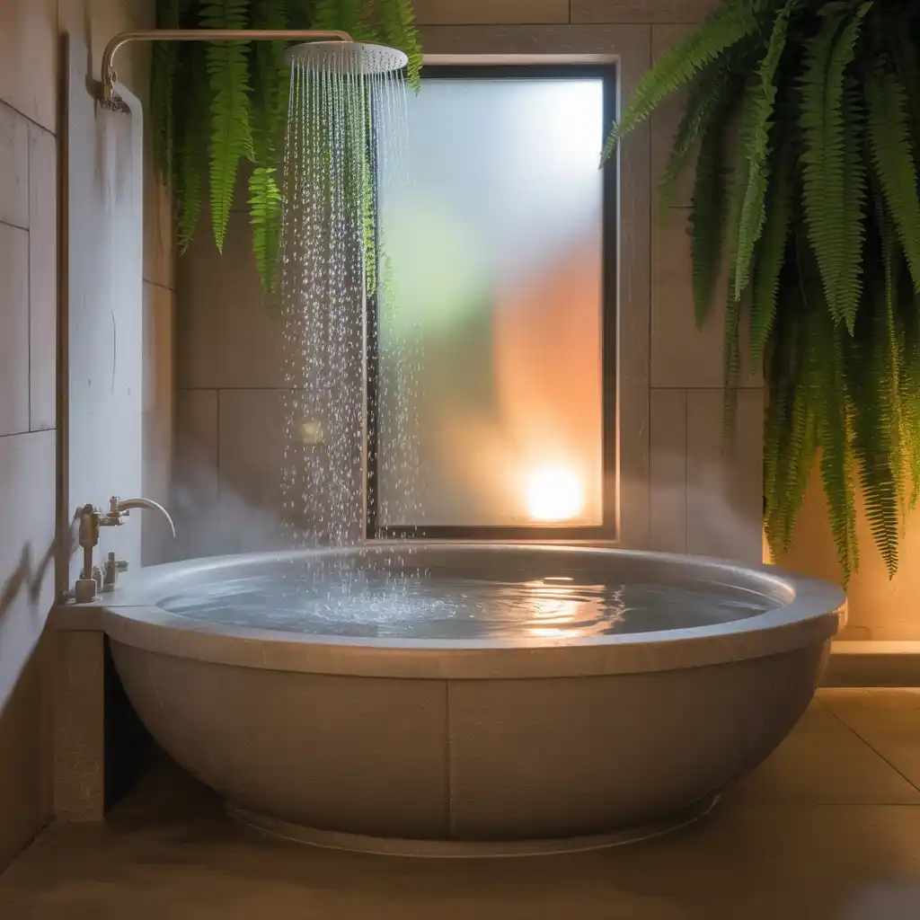Sunken garden tub overhead shower luxury bathroom stone