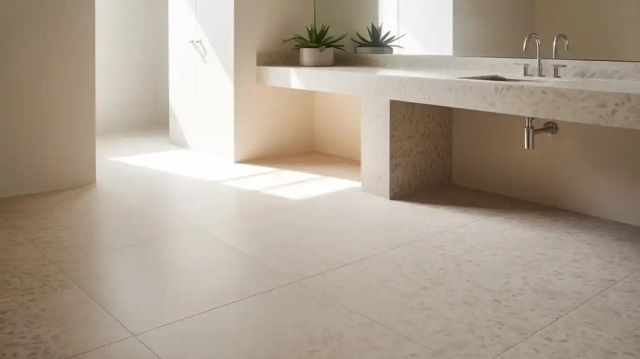 Terrazzo look linoleum bathroom neutral speckled pattern