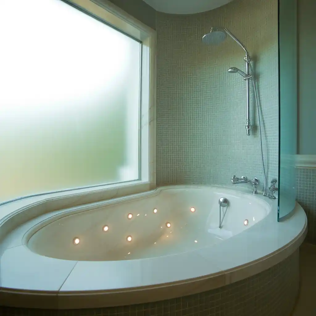 Tile surrounded garden tub curved shower glass modern