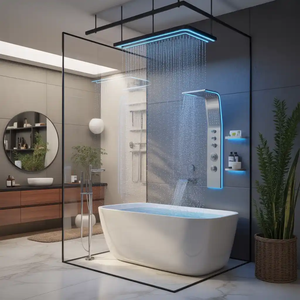 Ultra-modern acrylic freestanding tub digital shower system tech