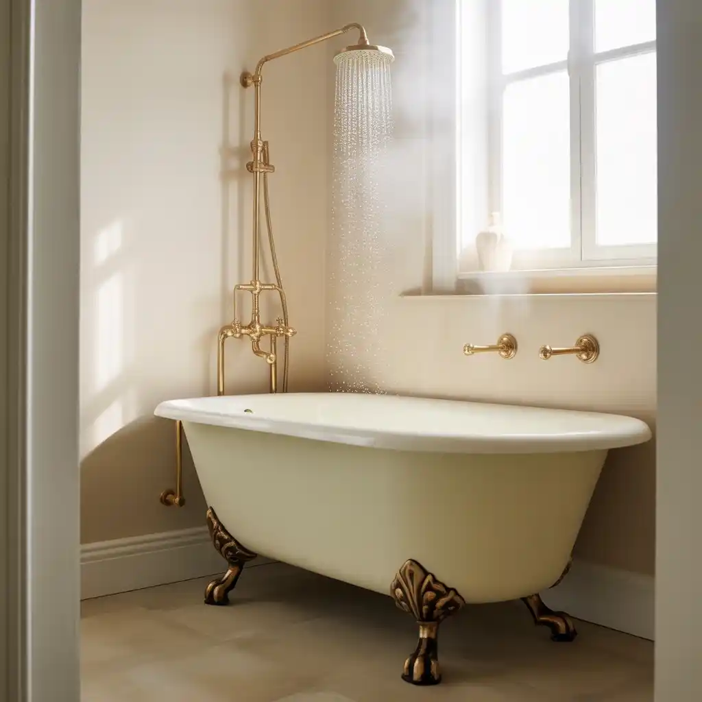 Vintage clawfoot tub exposed shower brass fixtures