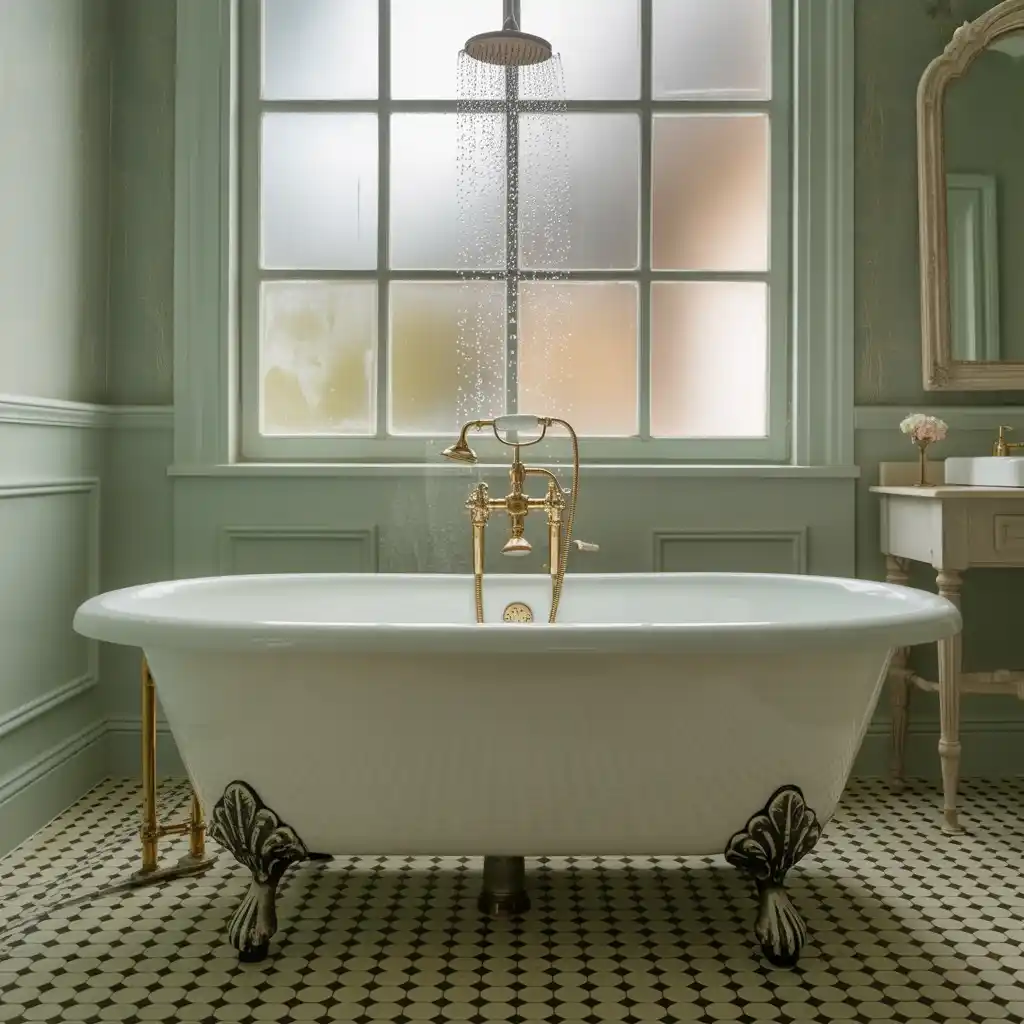 Vintage clawfoot tub overhead rain shower brass fixtures