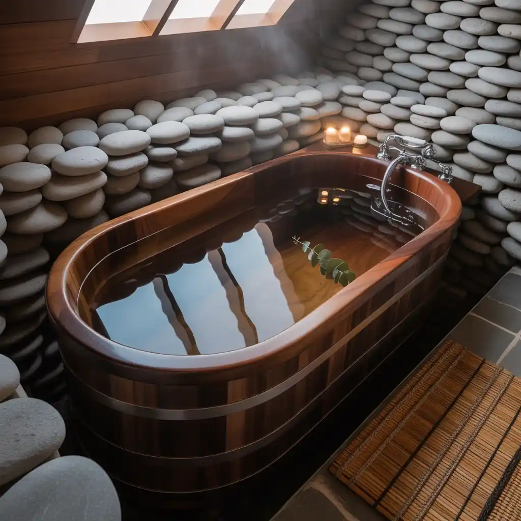 Wood clad garden tub natural stone shower rustic spa bathroom