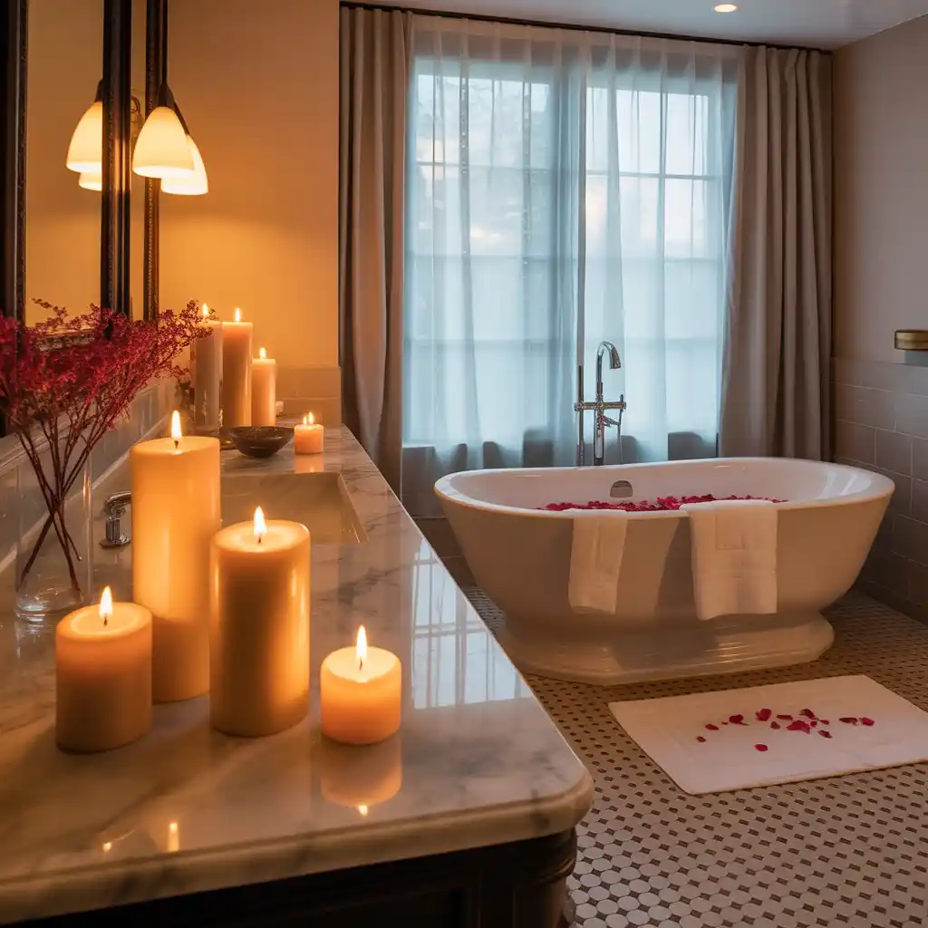 Beige candles various heights bathroom ambient lighting
