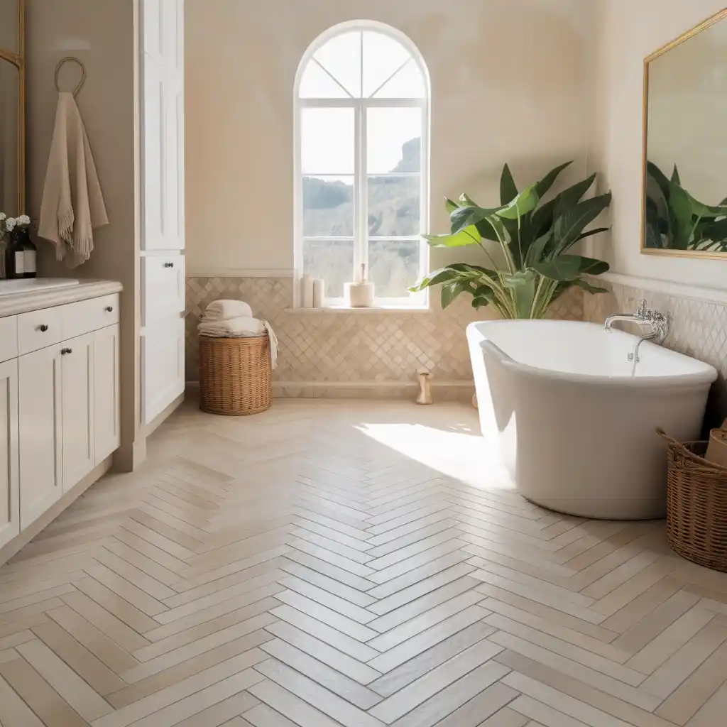 Beige ceramic herringbone tile bathroom flooring