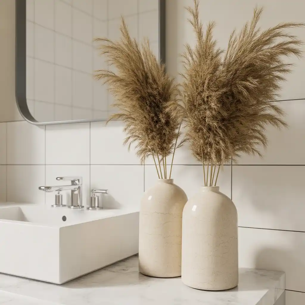 Beige ceramic vases pampas grass bathroom decor