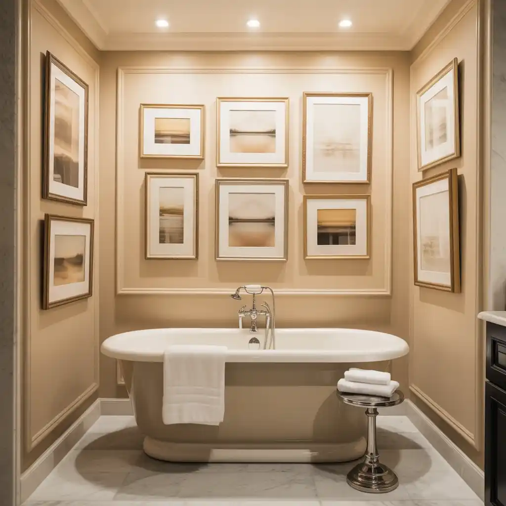 Beige cream artwork gallery wall bathroom decor.
