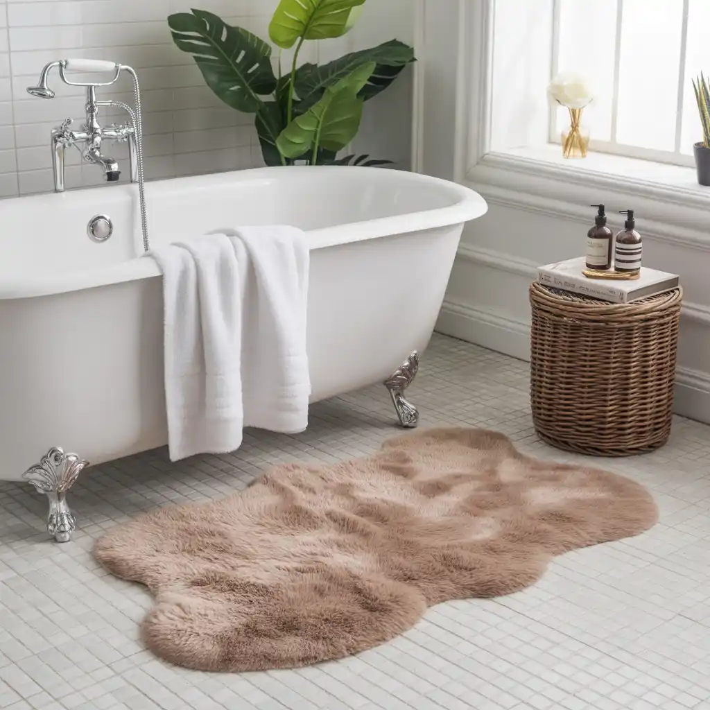 Beige faux fur bath rug luxury bathroom decor