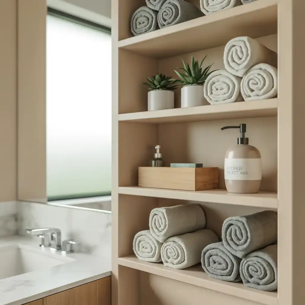 Beige floating shelves natural wood bathroom storage