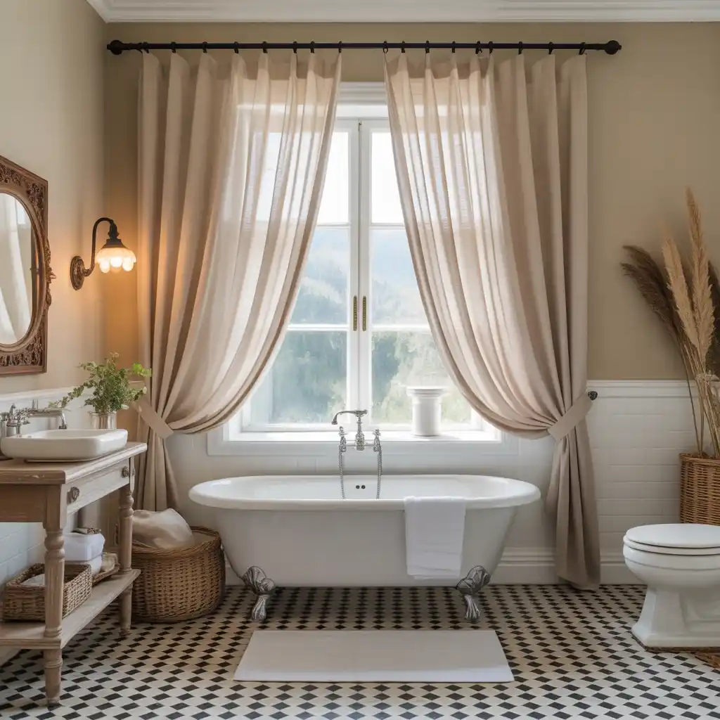 Beige linen curtains bathroom window treatment