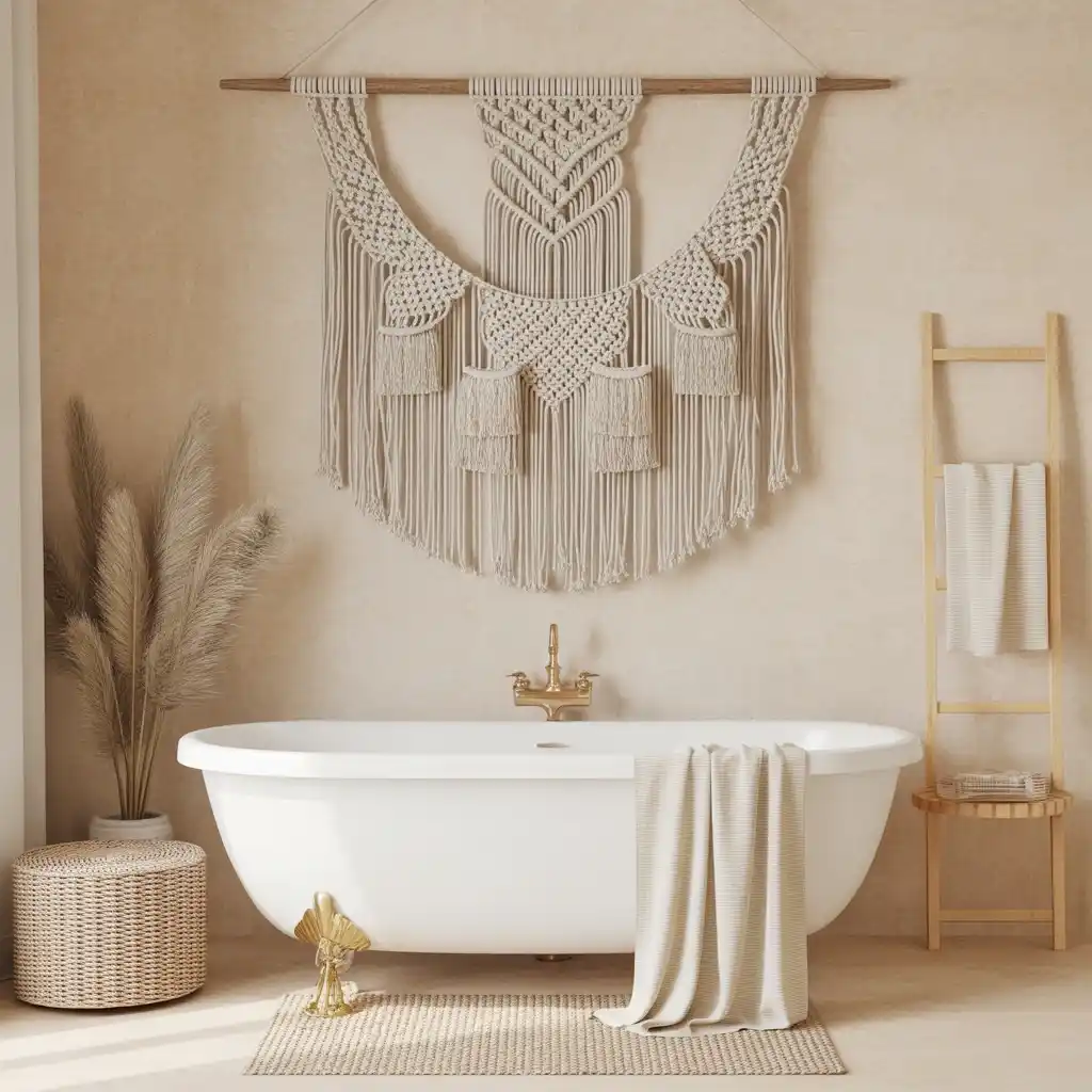 Beige macrame wall art bathroom bohemian decor