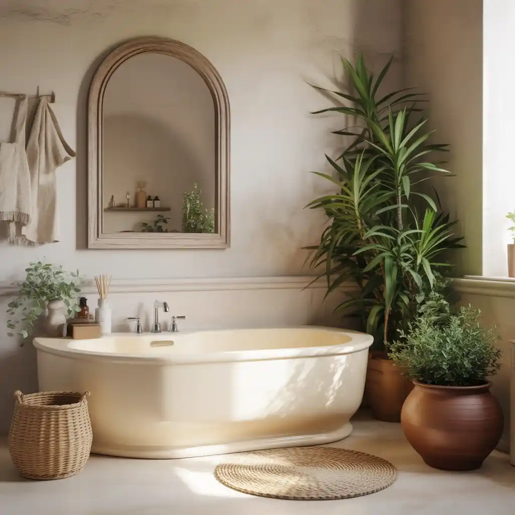 Beige pottery plant corner bathroom natural decor