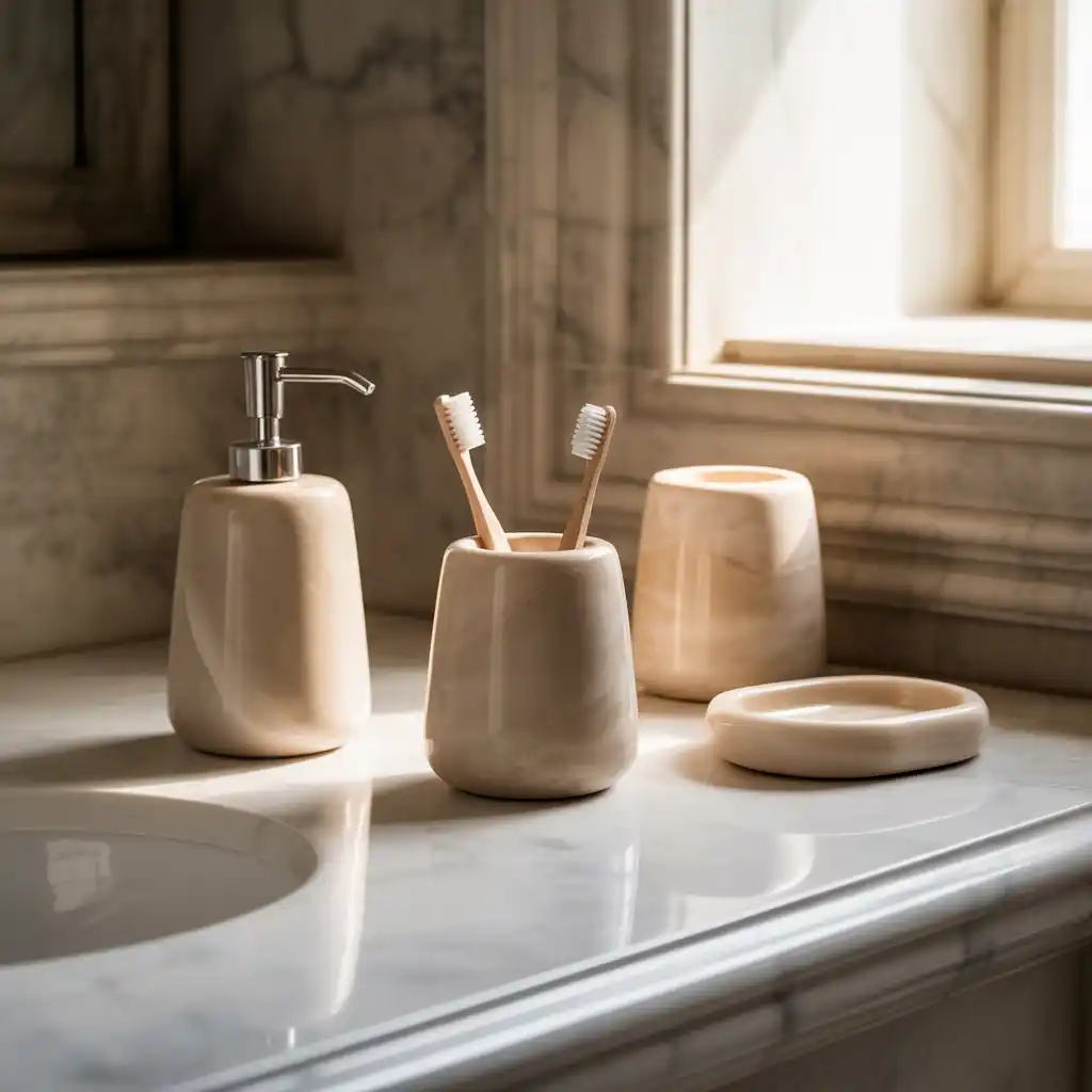 Beige stone marble bathroom accessories set