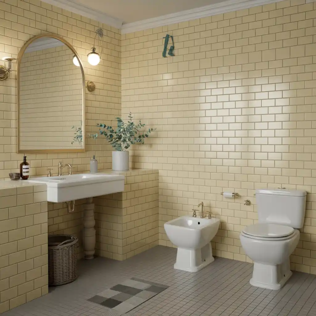 Beige subway tile bathroom wall installation